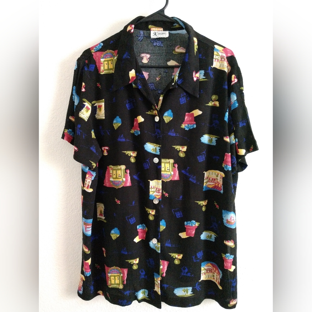 K Studio Camp Shirt Short Sleeve Black Multicolor Women's Size XL Chest 46"